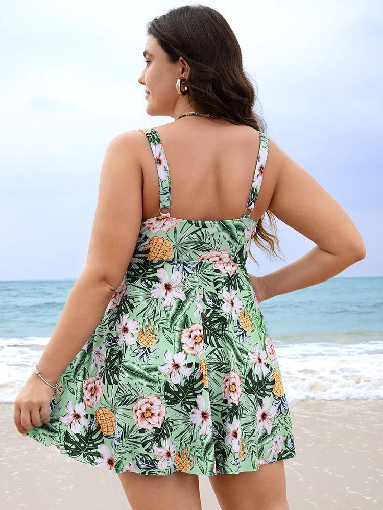 Tropical Print A Line Flutter Ruched Front Swim Dress - Image 2