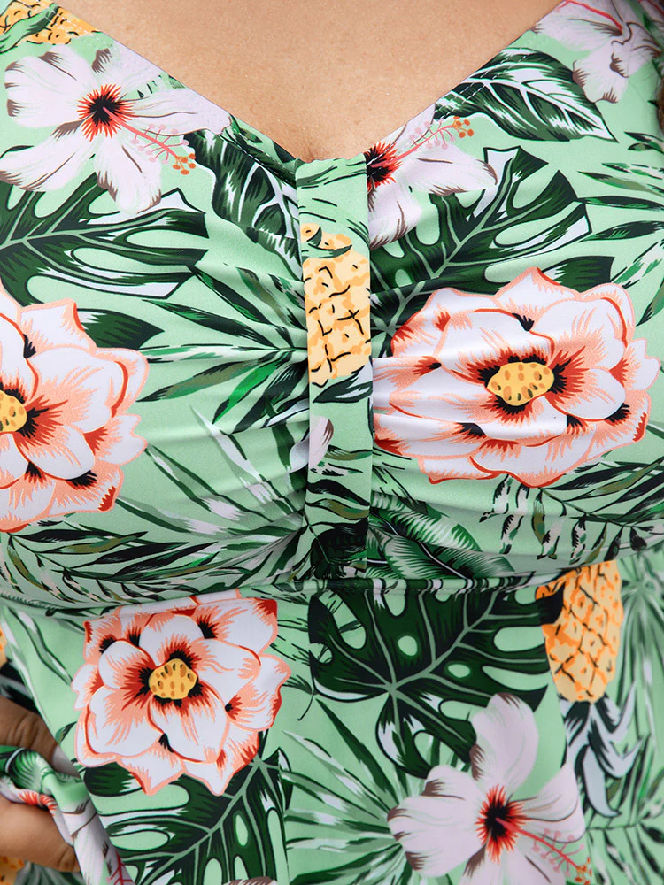 Tropical Print A Line Flutter Ruched Front Swim Dress - Image 6