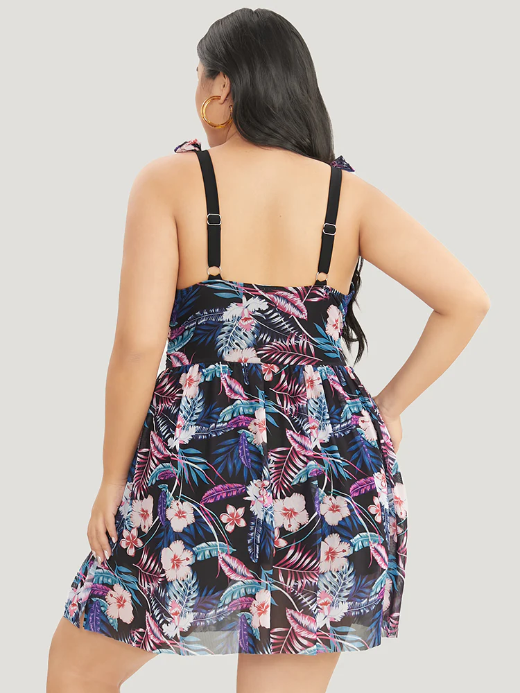 Tropical Print Bow Sculpt Waist Split Swim Dress - Image 11