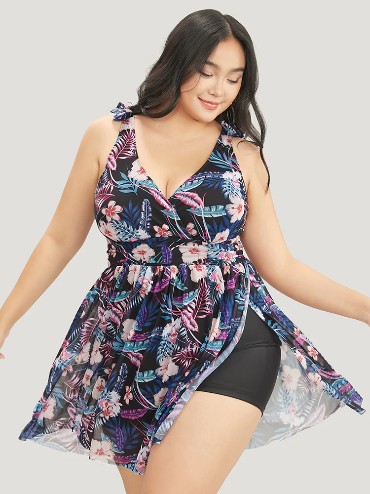Tropical Print Bow Sculpt Waist Split Swim Dress - Image 12