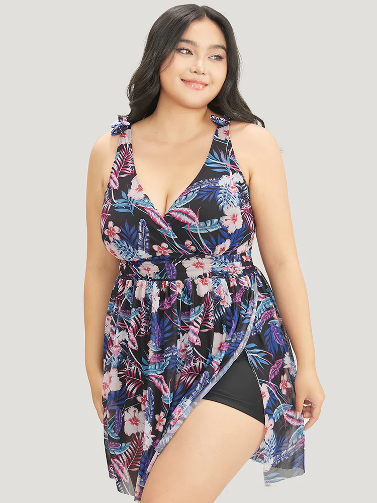 Tropical Print Bow Sculpt Waist Split Swim Dress - Image 14