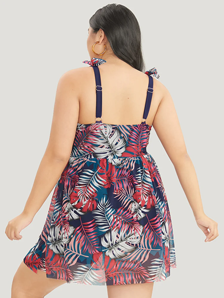 Tropical Print Bow Sculpt Waist Split Swim Dress - Image 16