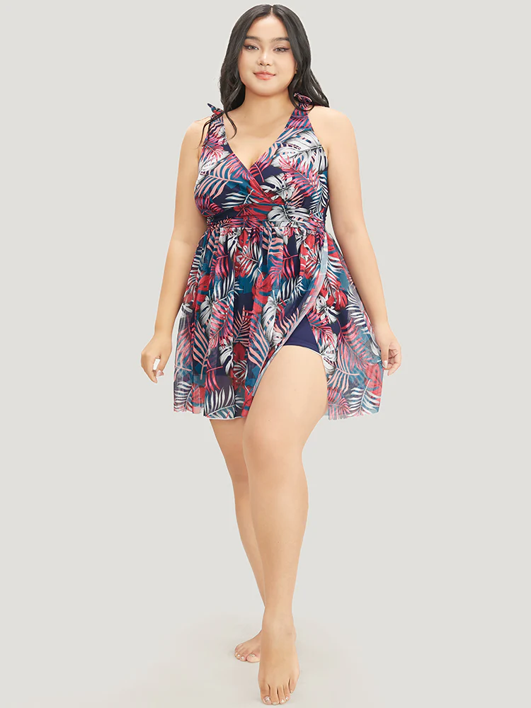 Tropical Print Bow Sculpt Waist Split Swim Dress - Image 17