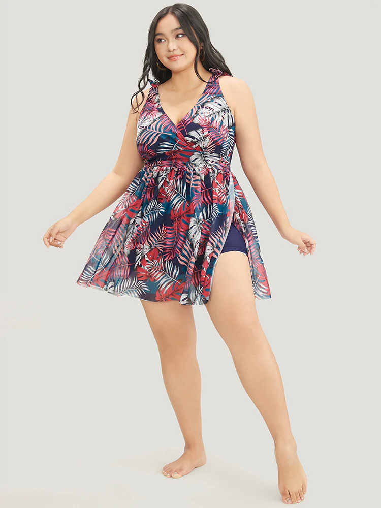 Tropical Print Bow Sculpt Waist Split Swim Dress - Image 18