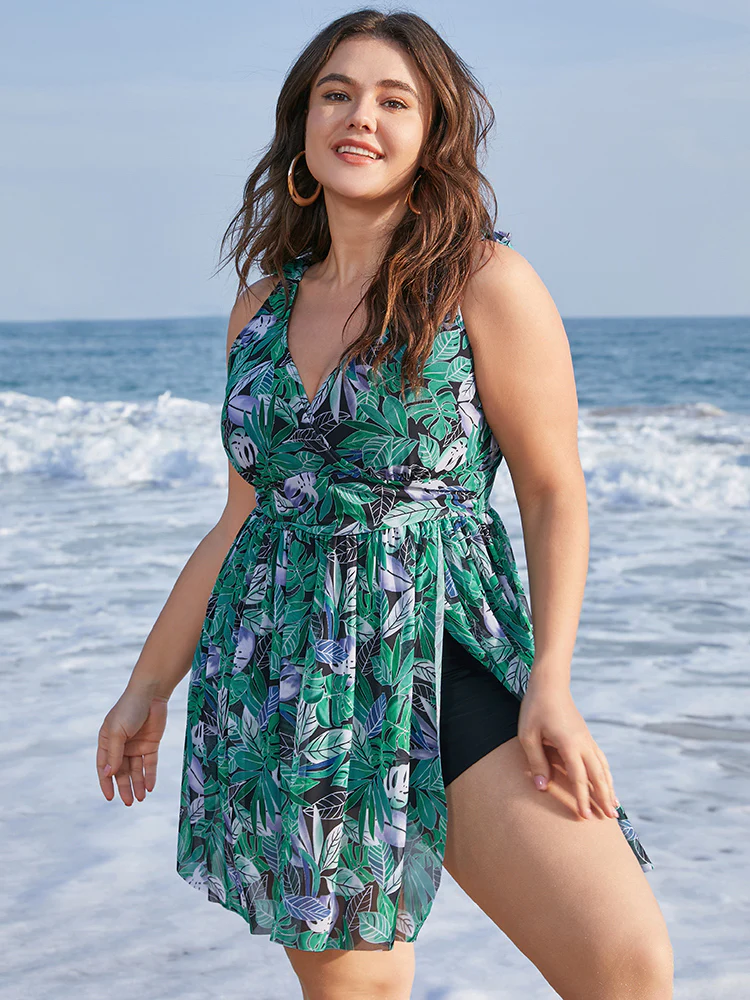 Tropical Print Bow Sculpt Waist Split Swim Dress - Image 4