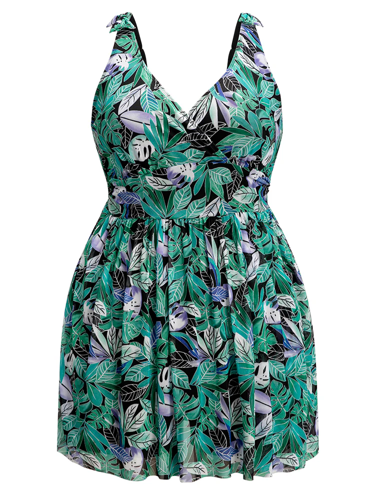 Tropical Print Bow Sculpt Waist Split Swim Dress - Image 8
