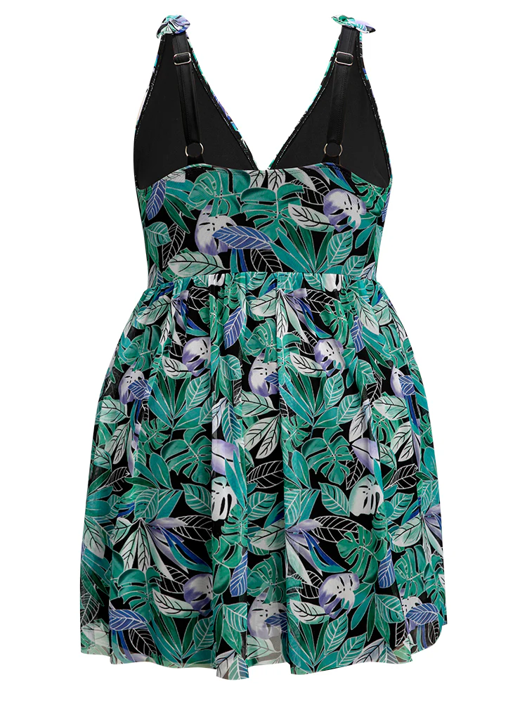 Tropical Print Bow Sculpt Waist Split Swim Dress - Image 9
