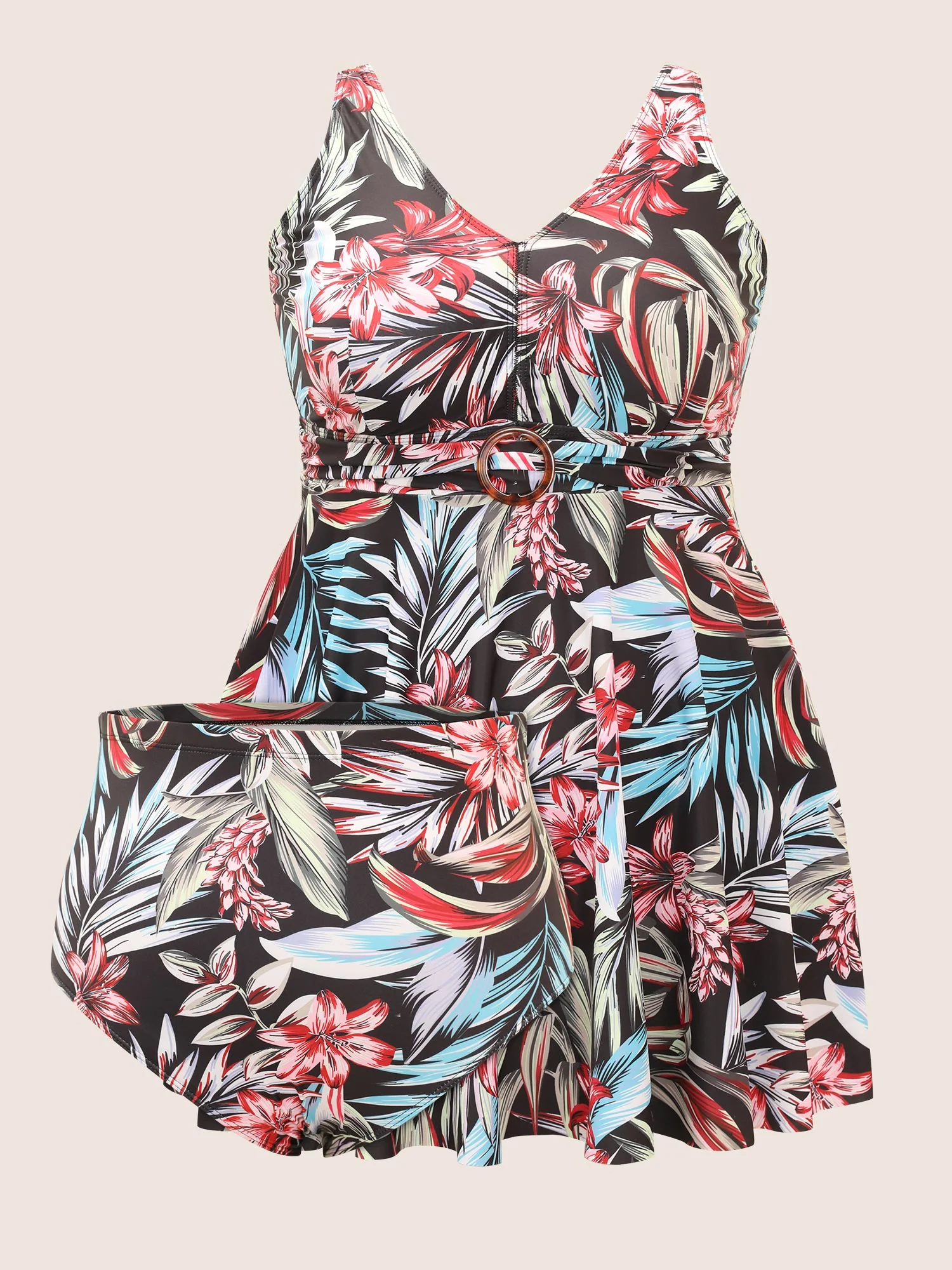 Tropical Print Buckle Detail Swim Dress - Image 7