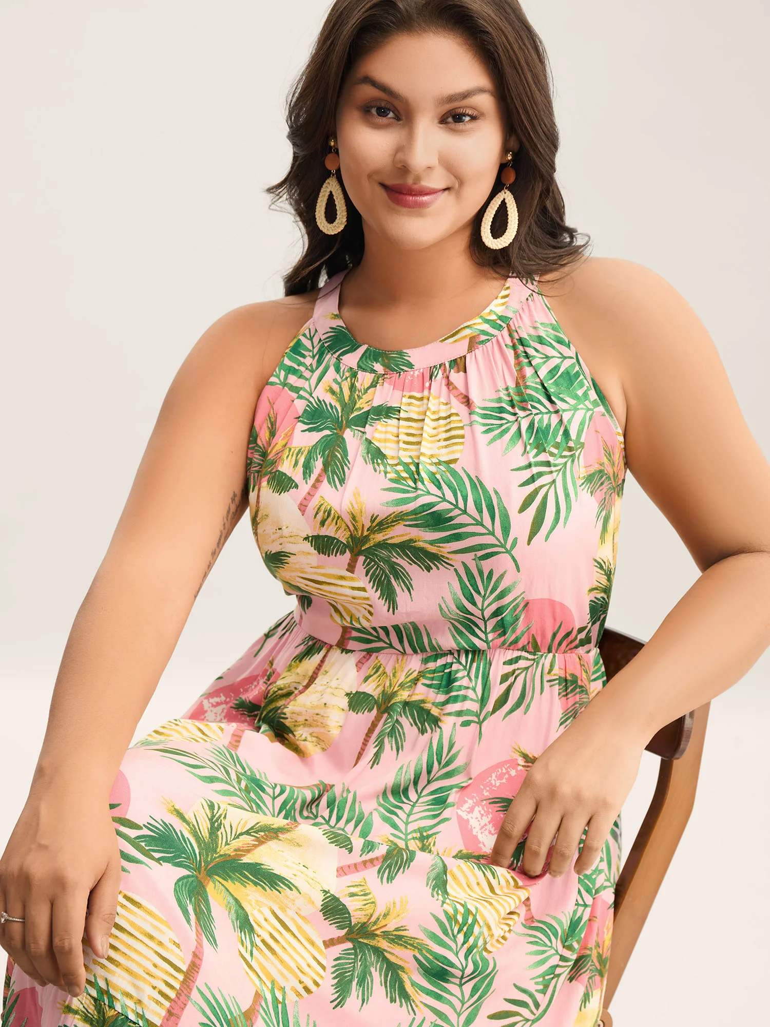 Tropical Print Cinched-Waist Pockets Midi Dress - Image 2