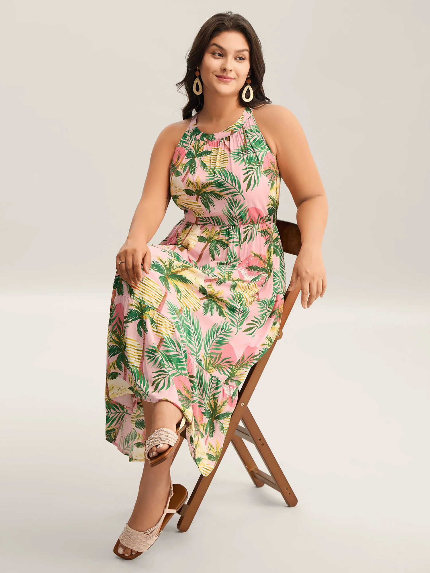 Tropical Print Cinched-Waist Pockets Midi Dress - Image 3