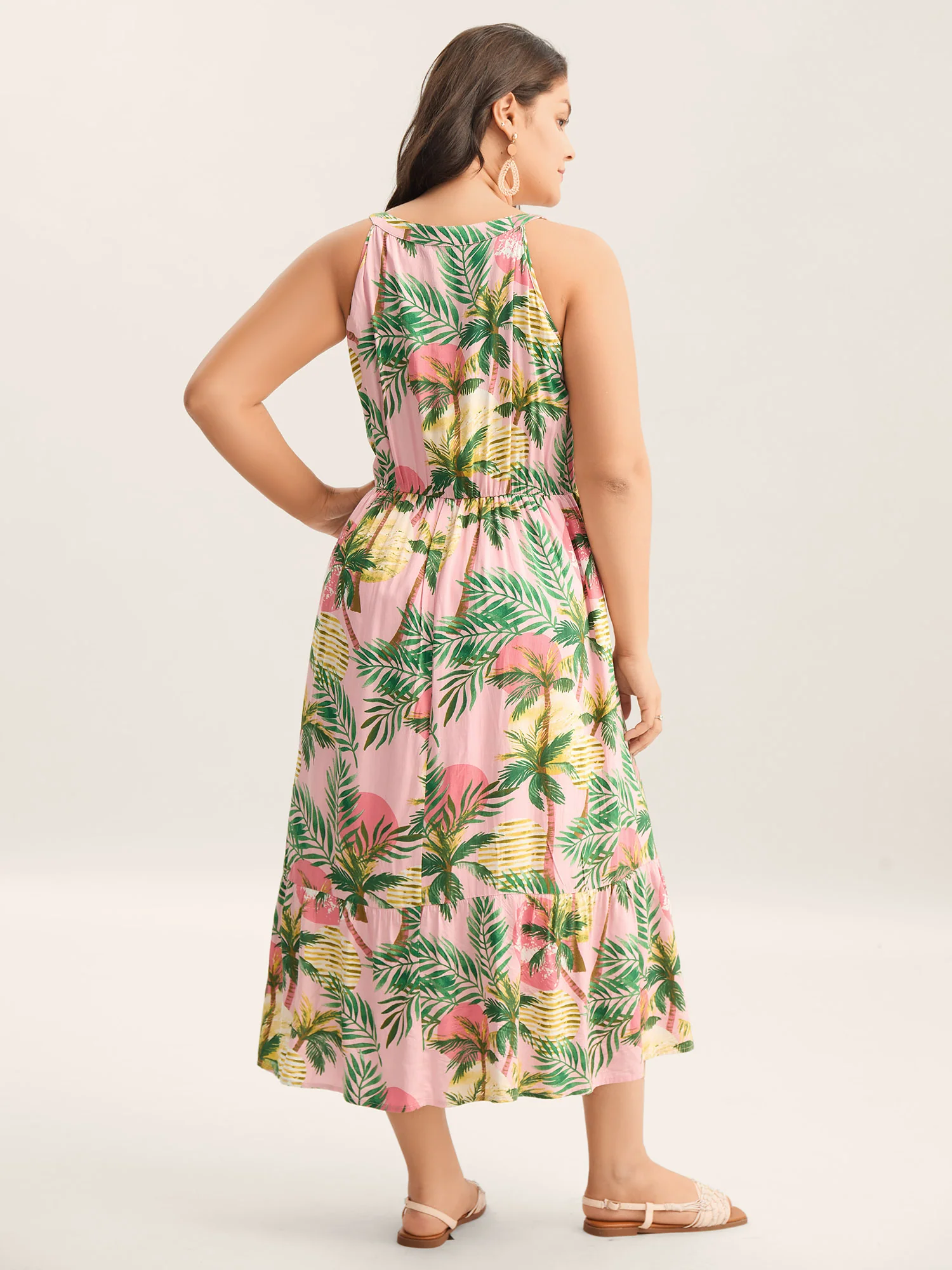 Tropical Print Cinched-Waist Pockets Midi Dress - Image 4
