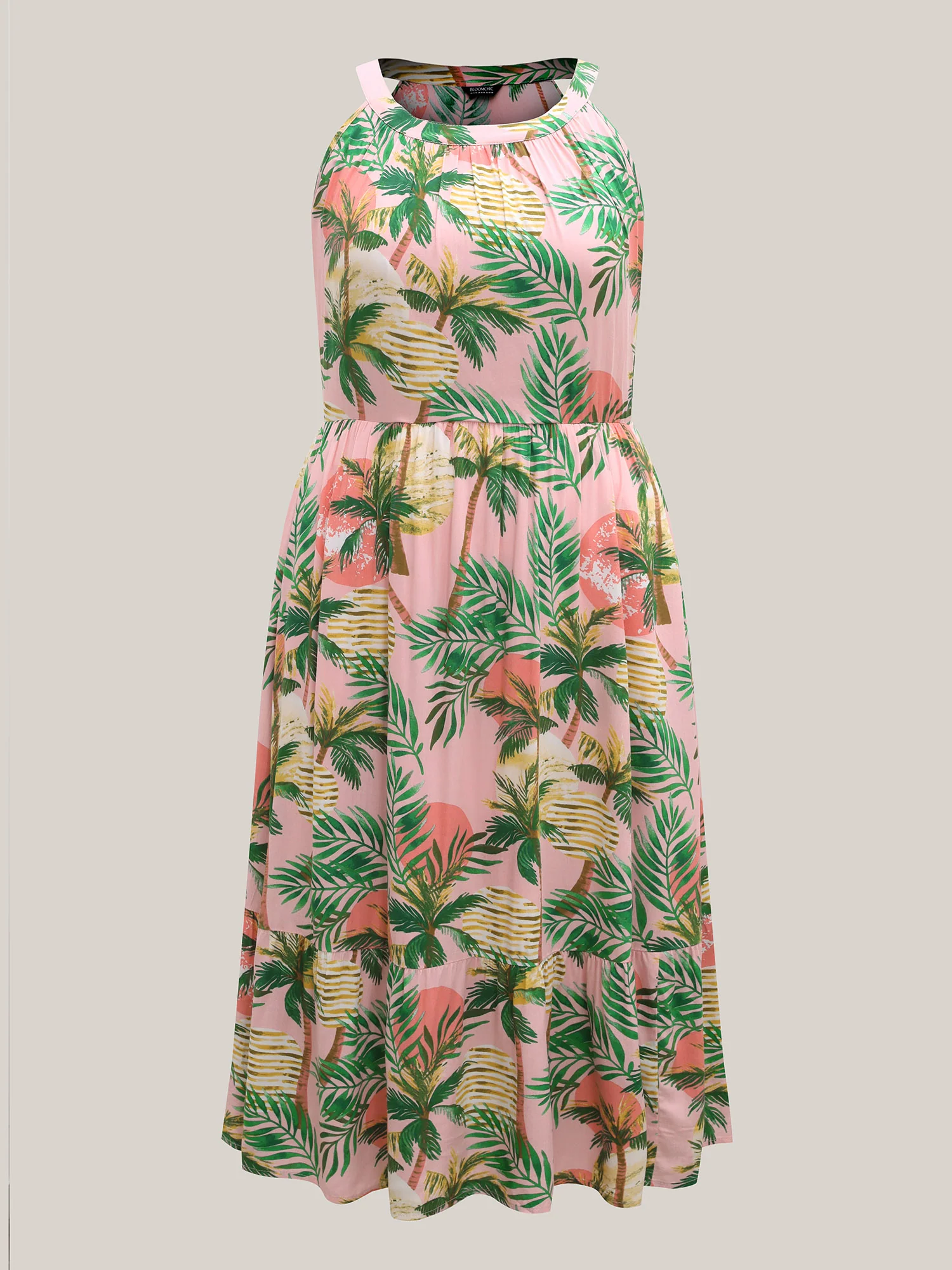 Tropical Print Cinched-Waist Pockets Midi Dress - Image 5