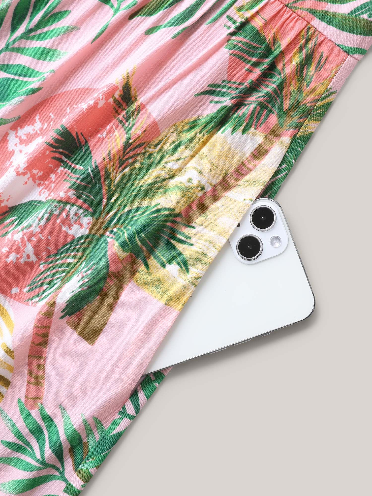 Tropical Print Cinched-Waist Pockets Midi Dress - Image 6