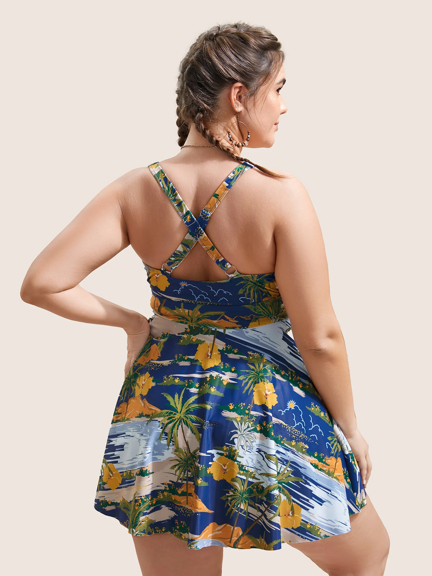 Tropical Print Crisscross Cut Out Swim Dress - Image 2