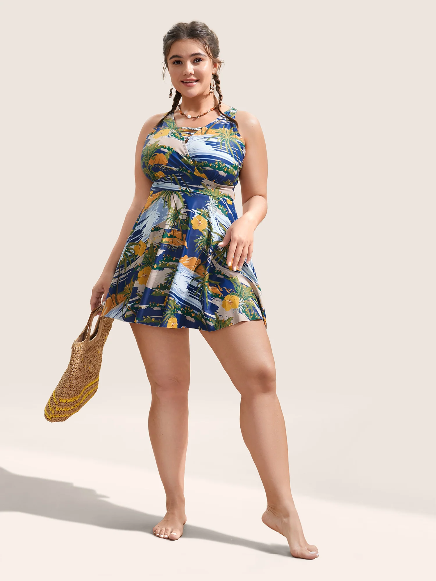 Tropical Print Crisscross Cut Out Swim Dress - Image 3