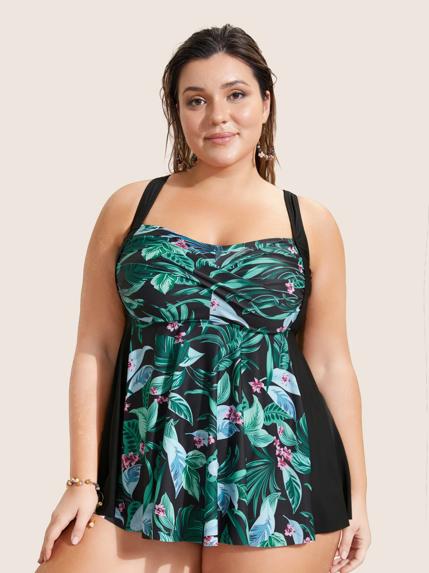 Tropical Print Crossover Swim Top