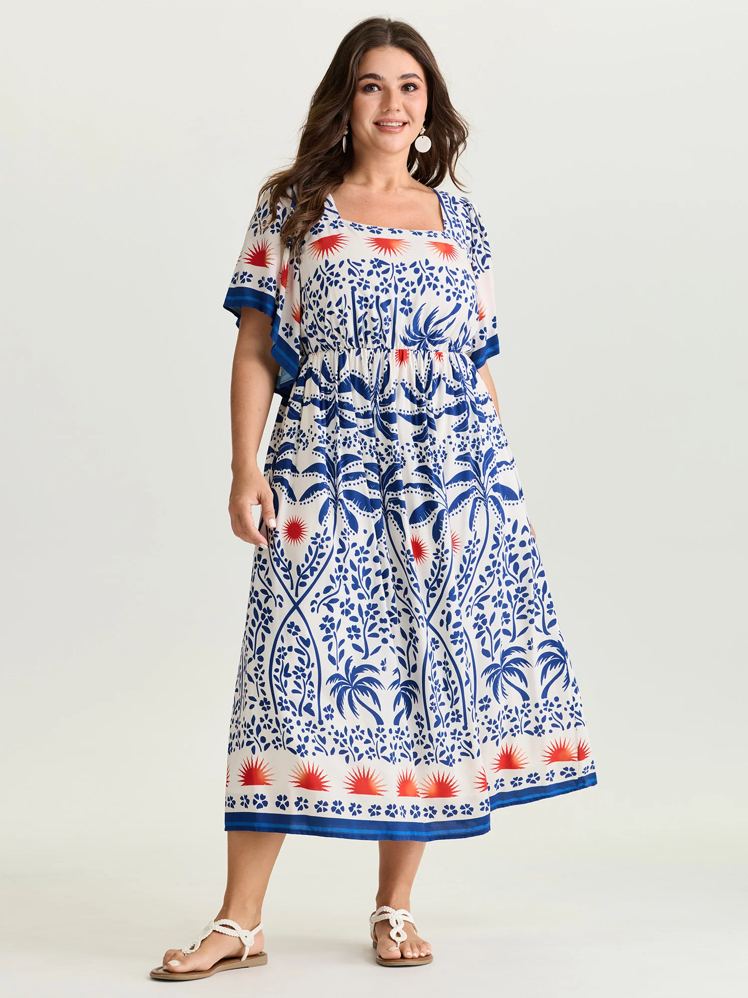 Tropical Print Flared Half-Sleeve Midi Dress - Image 3