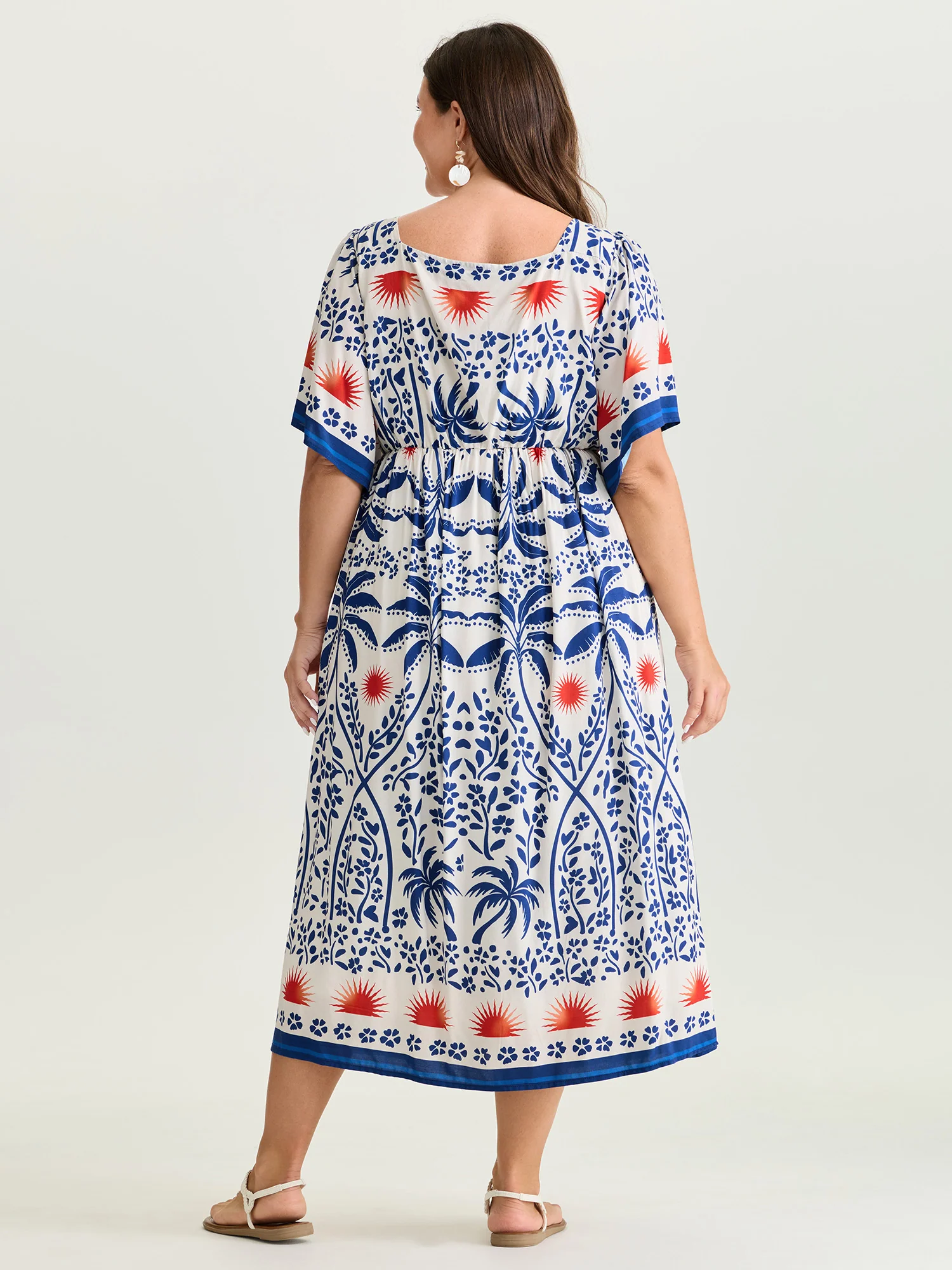 Tropical Print Flared Half-Sleeve Midi Dress - Image 4