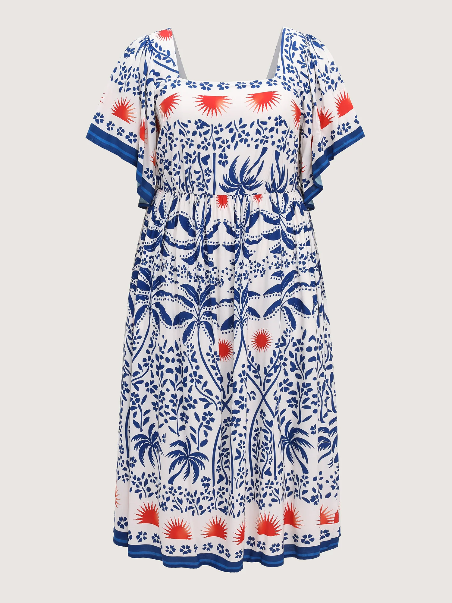 Tropical Print Flared Half-Sleeve Midi Dress - Image 7