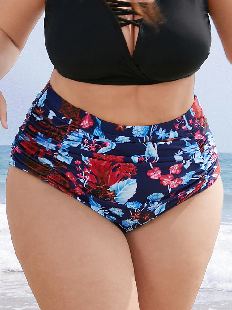 Tropical Print Gathered High Waist Swim Bottom - Image 5