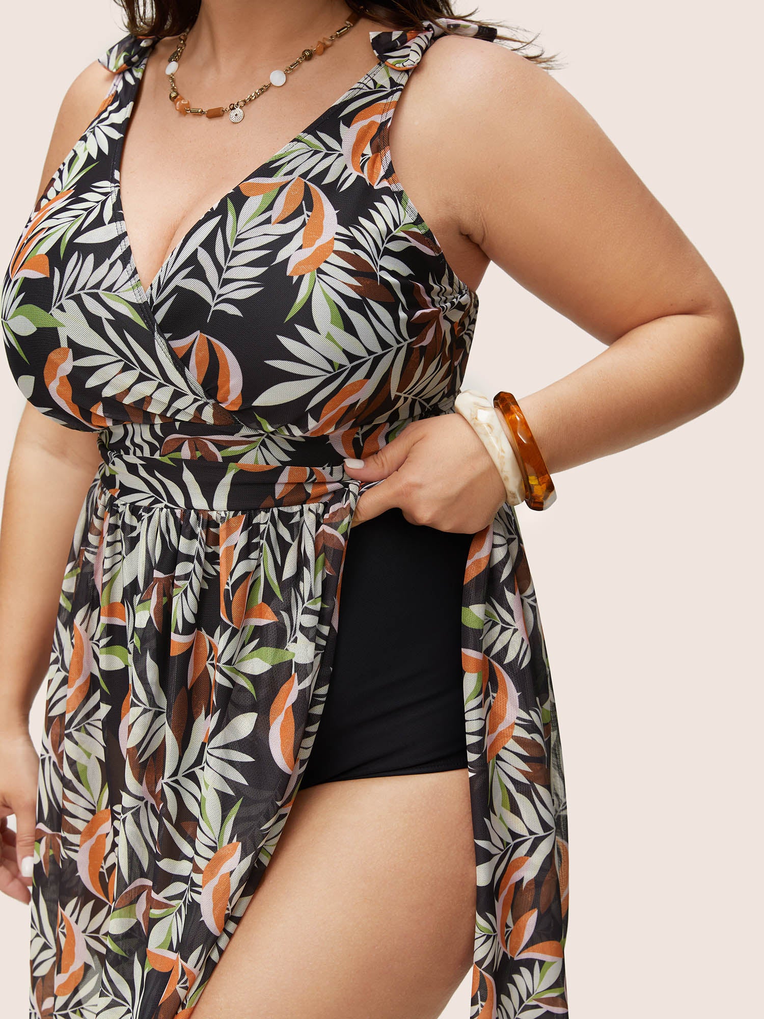 Tropical Print Gathered Split Hem Swim Dress - Image 3