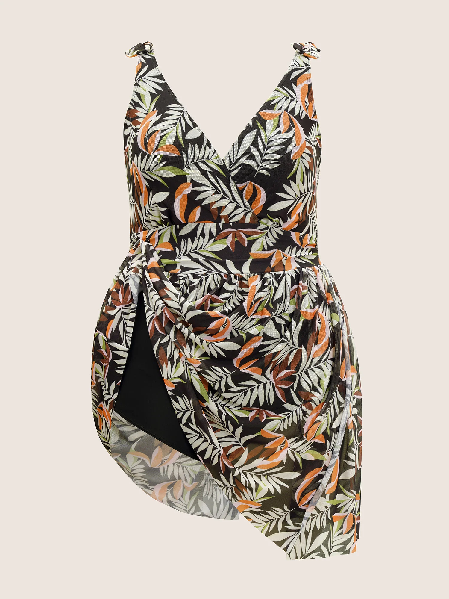 Tropical Print Gathered Split Hem Swim Dress - Image 7