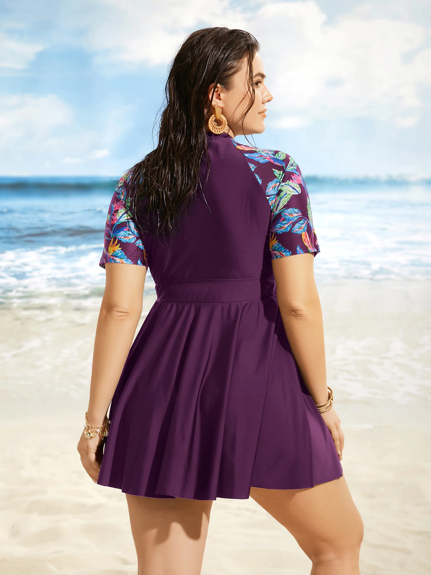 Tropical Print Half Zip Raglan Sleeve Swim Dress - Image 4