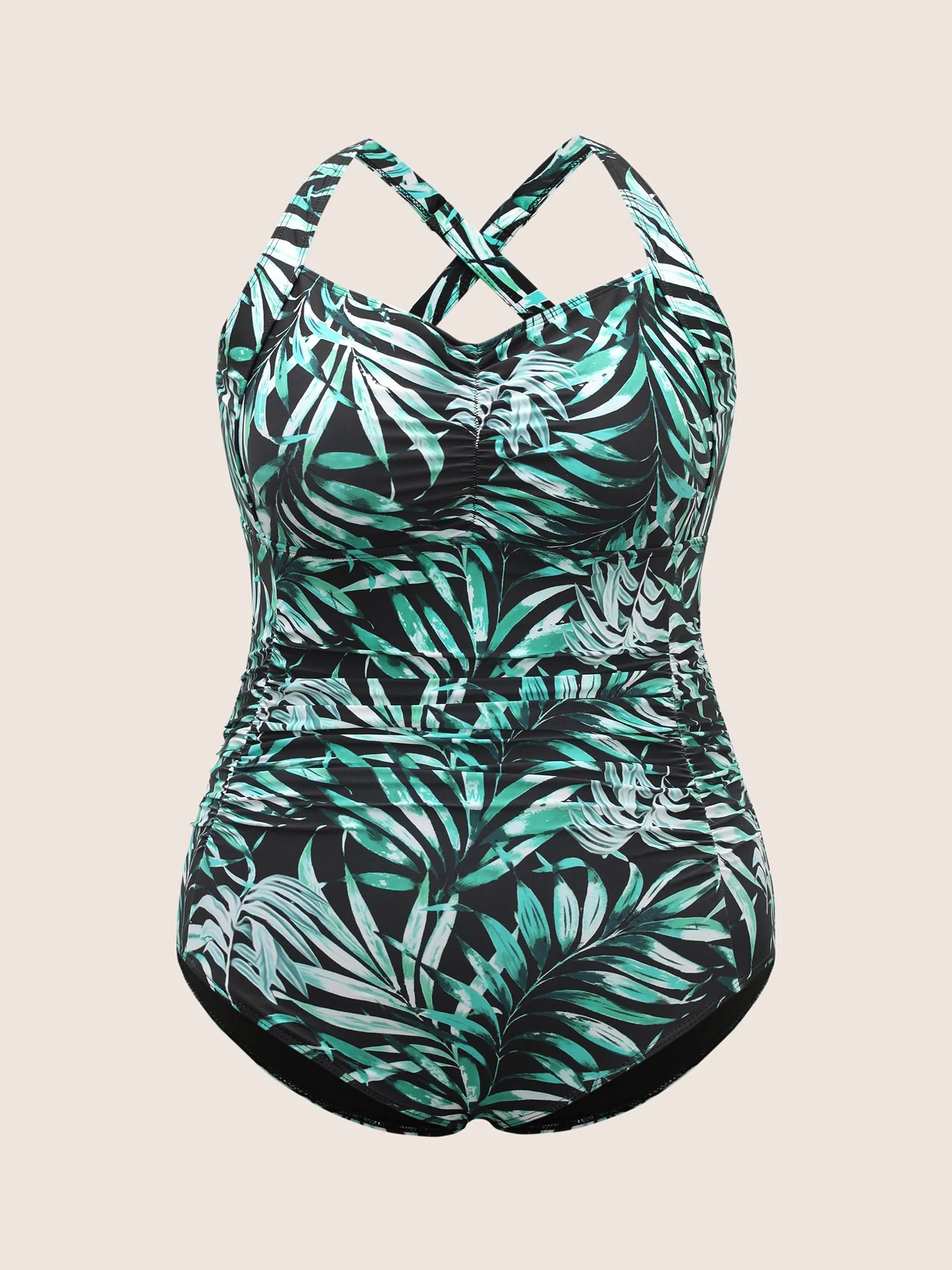 Tropical Print Heart Neckline Ruched One Piece Swimsuit - Image 7