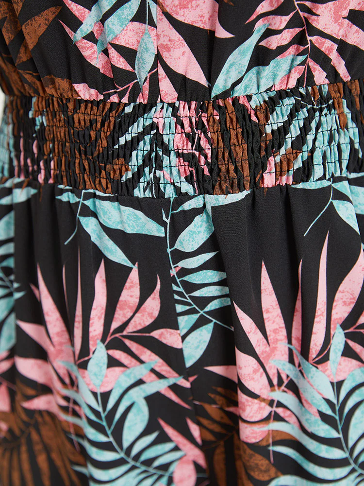 Tropical Print Knot Neck Shirred Wrap Jumpsuit - Image 10
