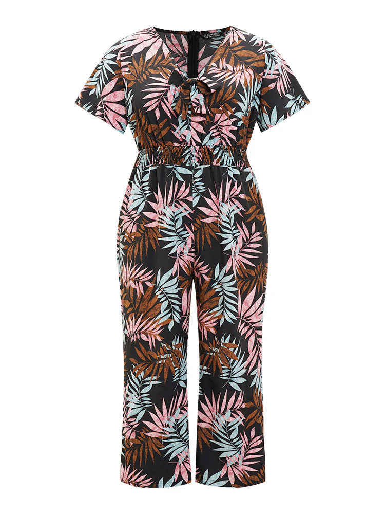 Tropical Print Knot Neck Shirred Wrap Jumpsuit - Image 11