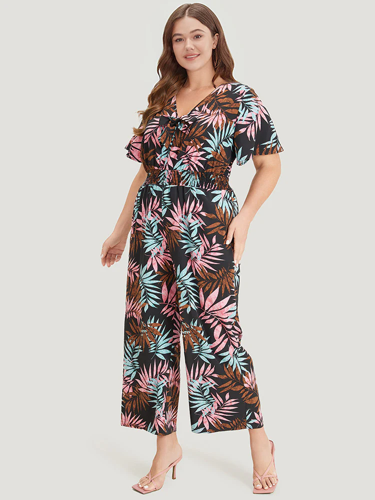 Tropical Print Knot Neck Shirred Wrap Jumpsuit - Image 2