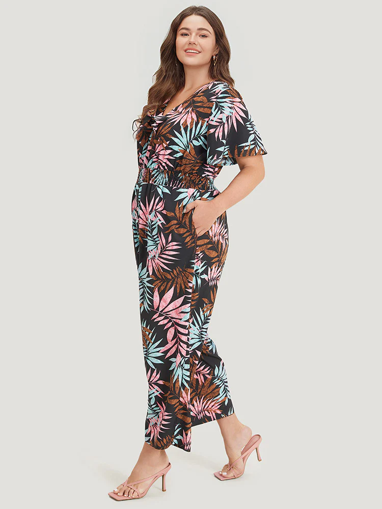 Tropical Print Knot Neck Shirred Wrap Jumpsuit - Image 3
