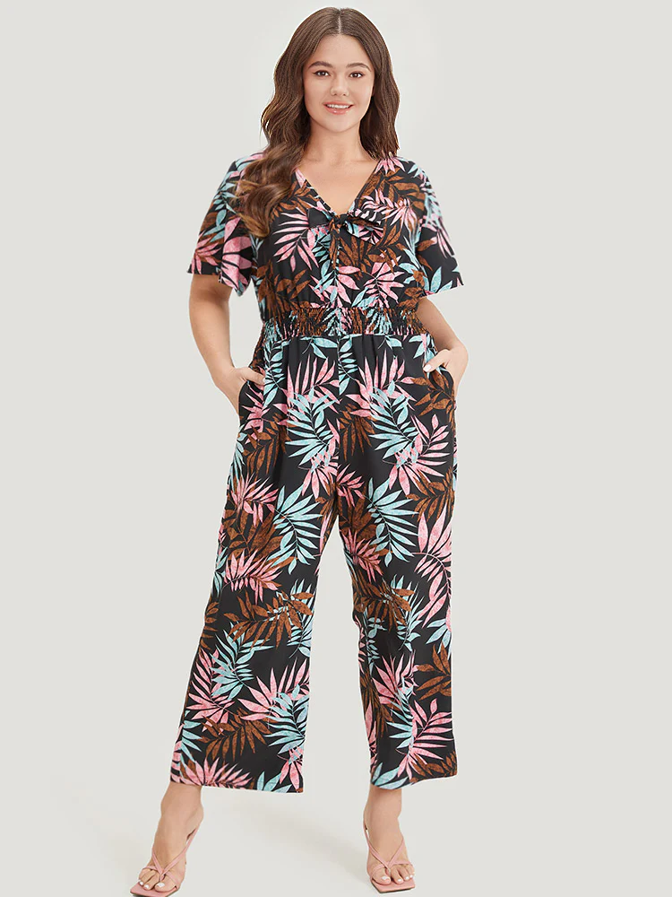 Tropical Print Knot Neck Shirred Wrap Jumpsuit - Image 4