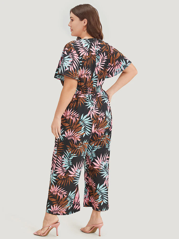 Tropical Print Knot Neck Shirred Wrap Jumpsuit - Image 5