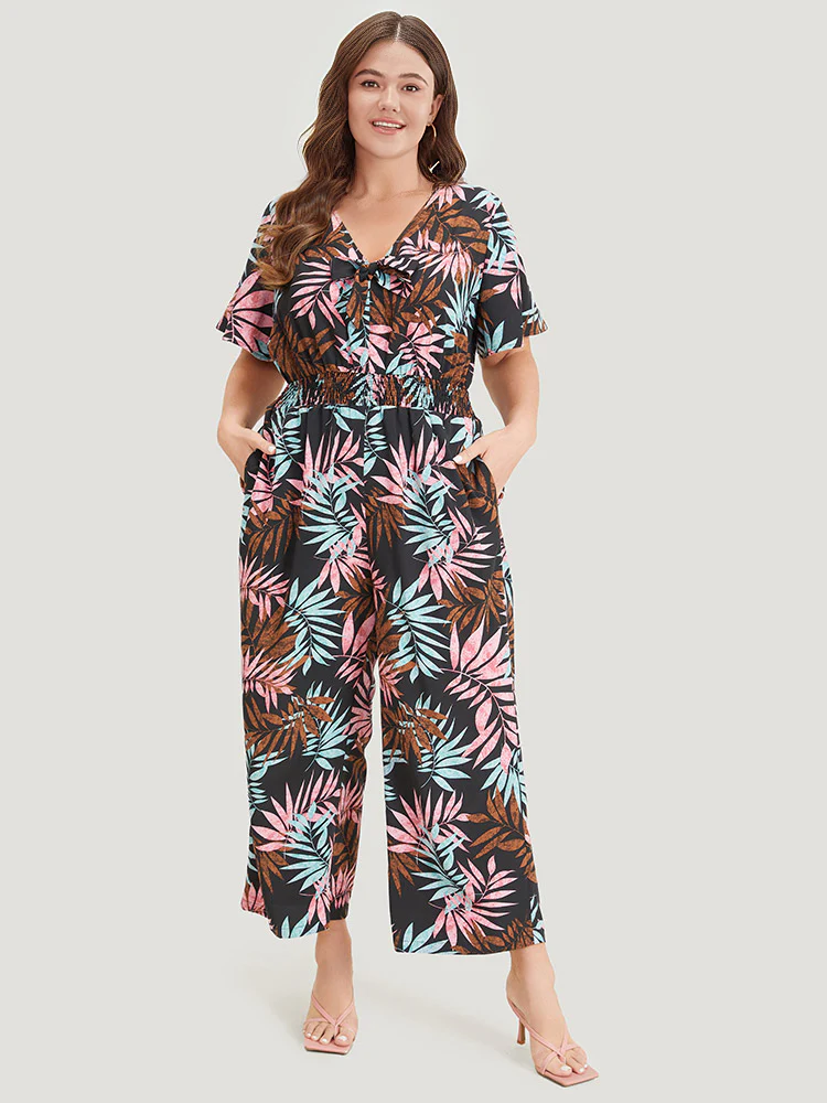 Tropical Print Knot Neck Shirred Wrap Jumpsuit - Image 6