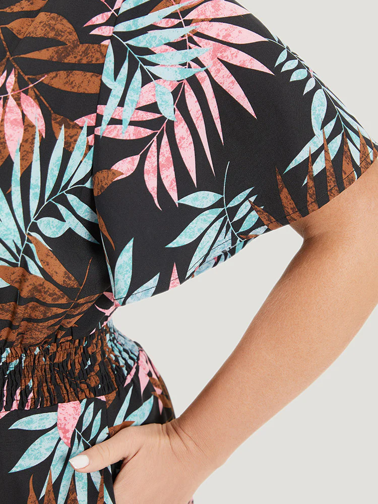 Tropical Print Knot Neck Shirred Wrap Jumpsuit - Image 7