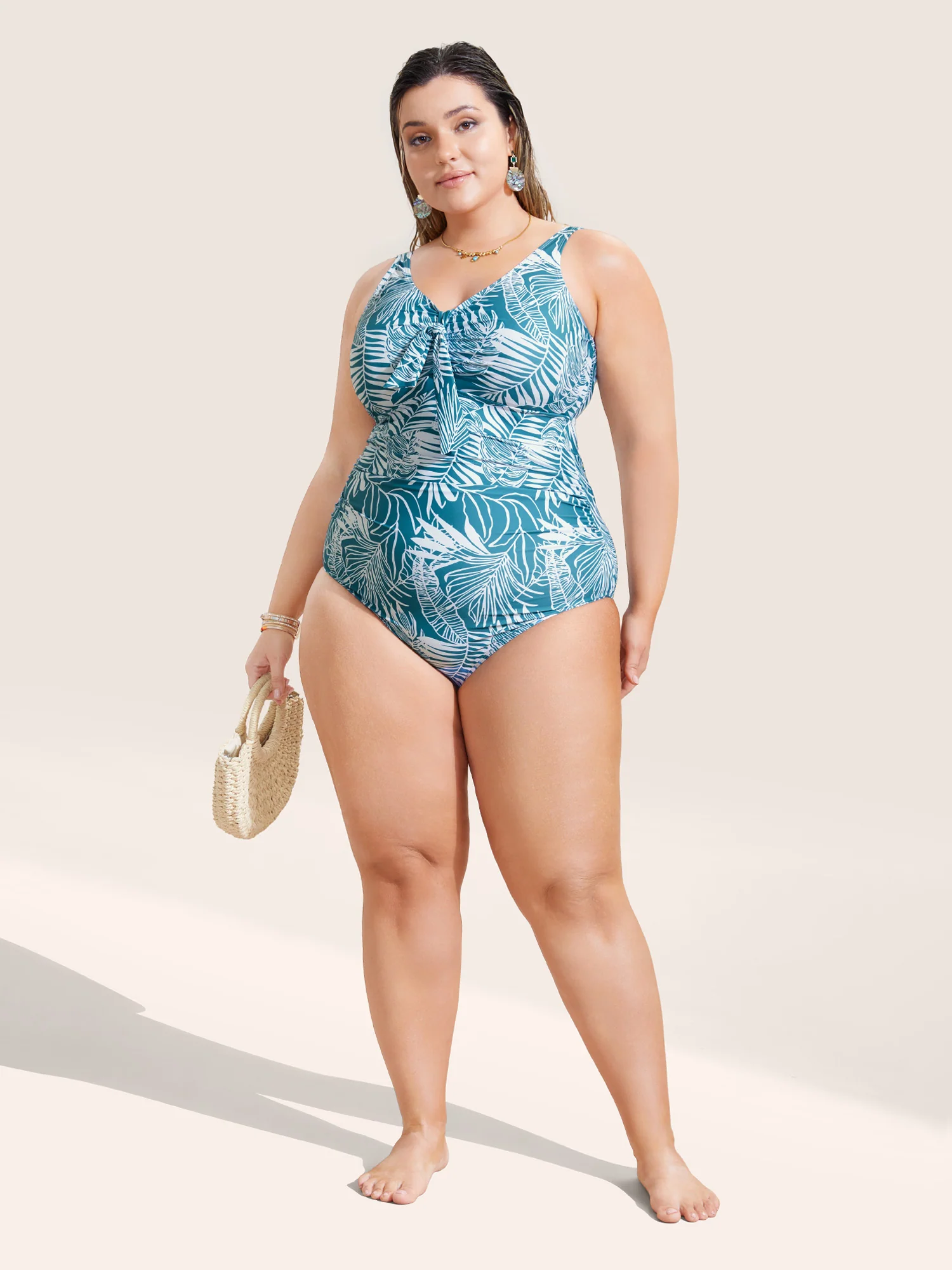 Tropical Print Knotted Gathered One Piece Swimsuit - Image 3