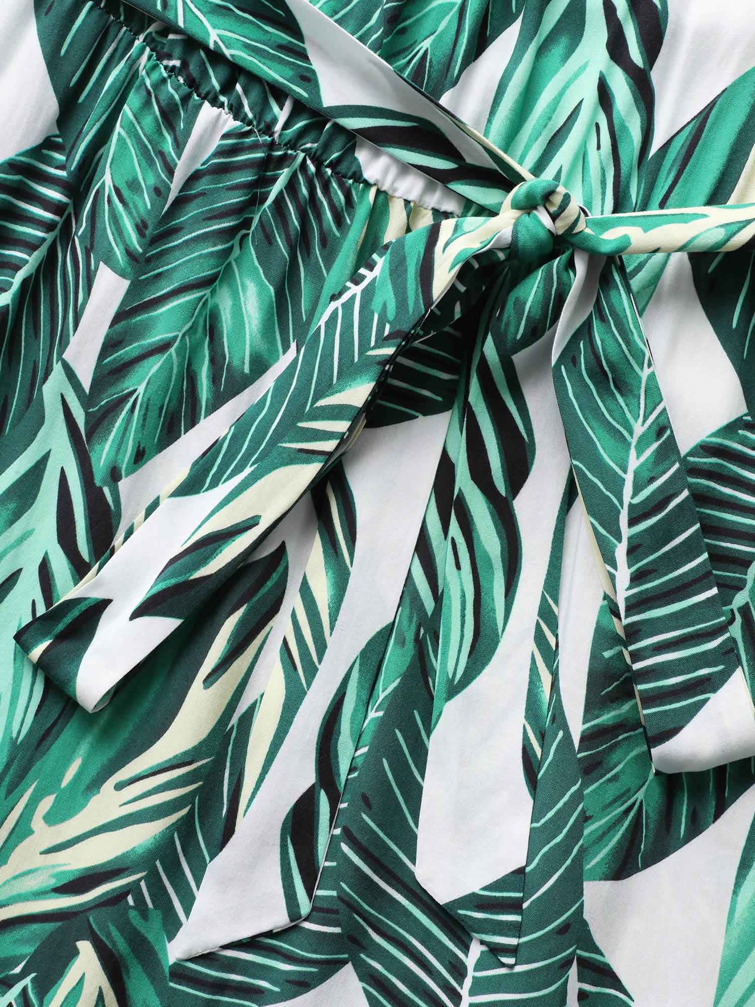 Tropical Print Knotted Pocket Ruffles Belted Halter Dress - Image 11