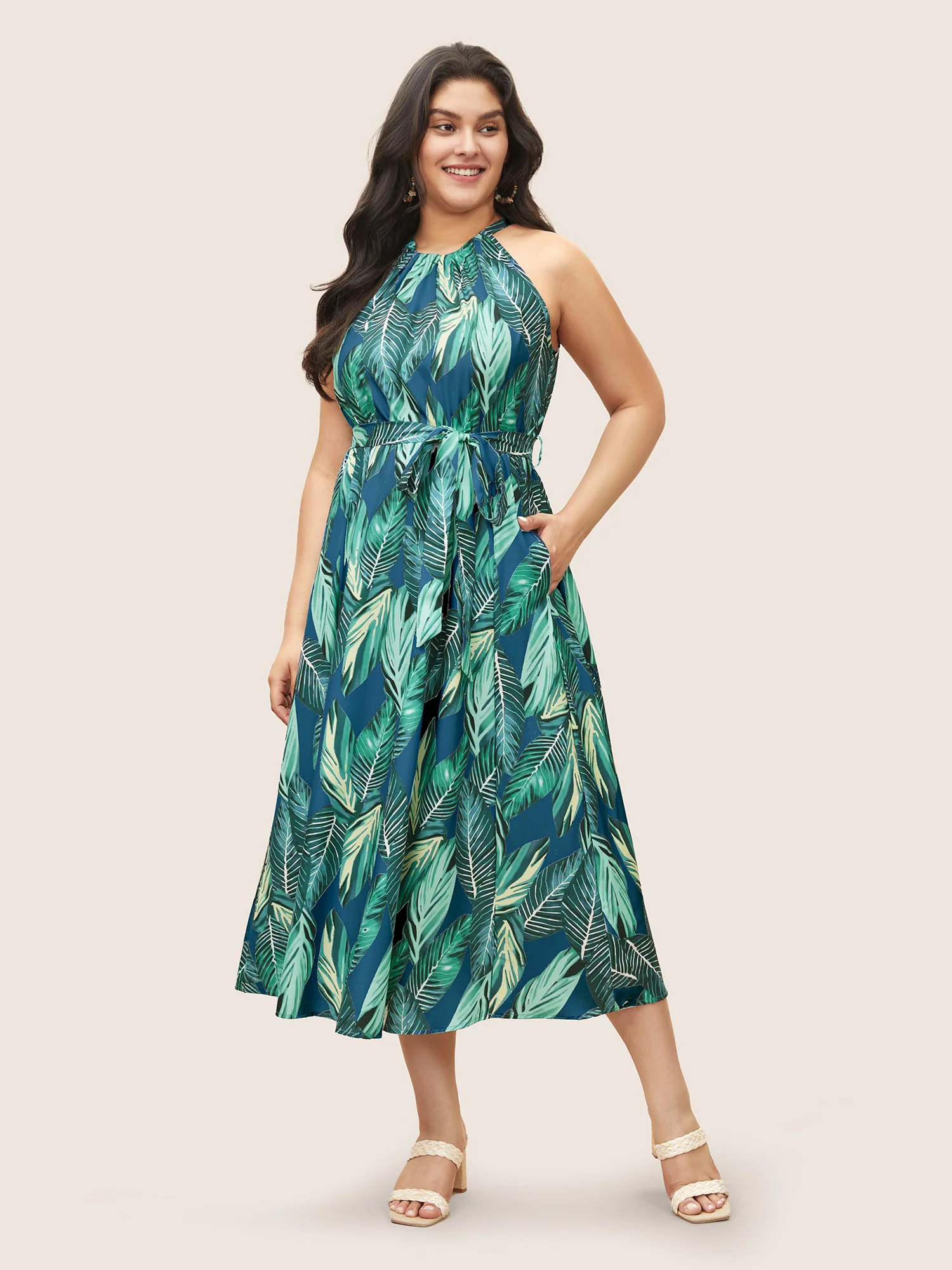 Tropical Print Knotted Pocket Ruffles Belted Halter Dress - Image 12