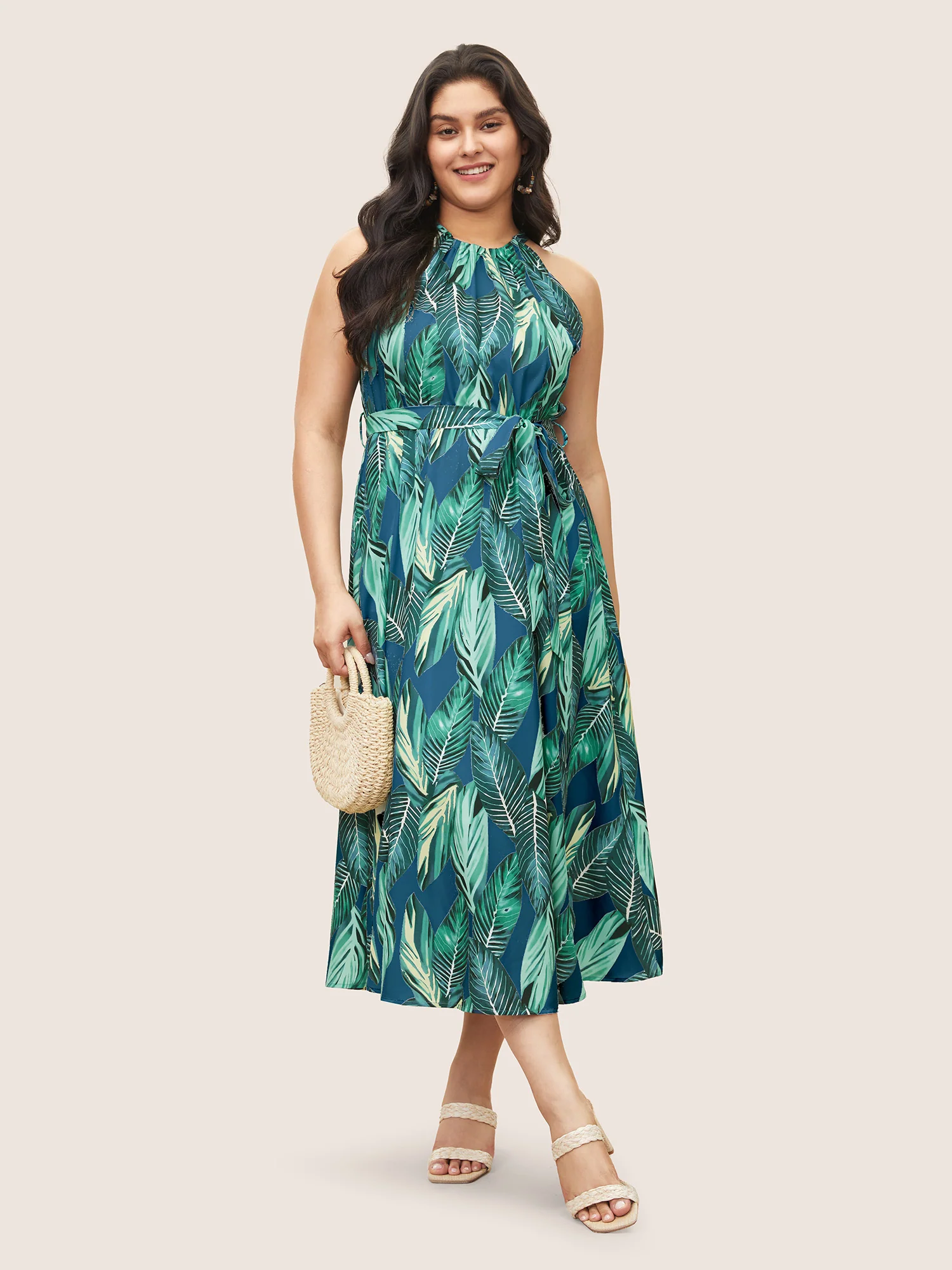 Tropical Print Knotted Pocket Ruffles Belted Halter Dress - Image 13