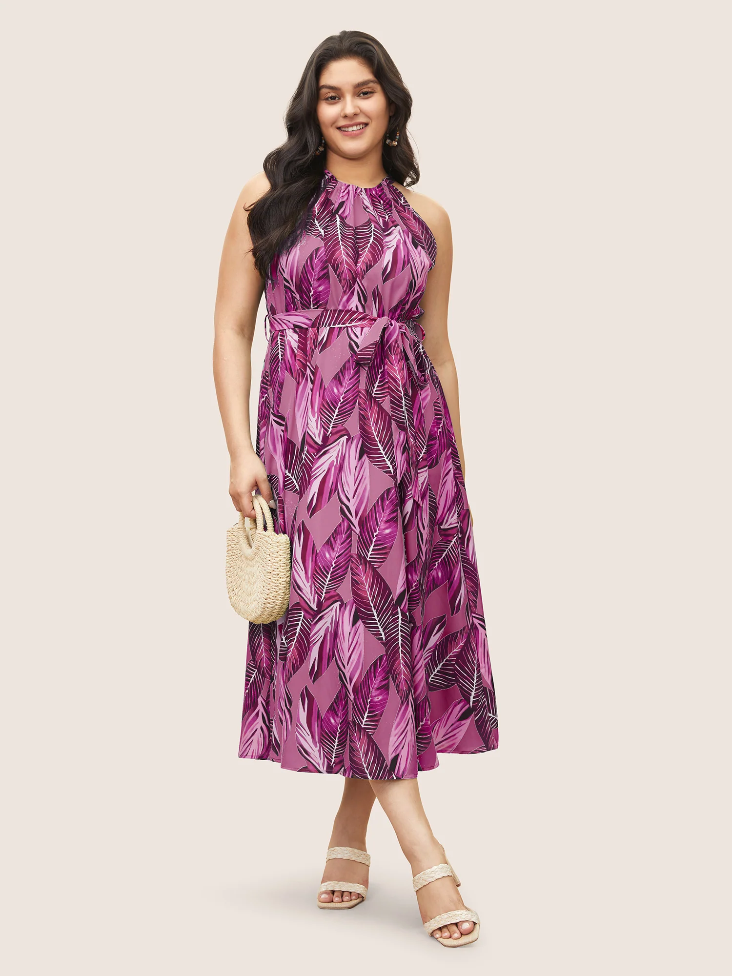Tropical Print Knotted Pocket Ruffles Belted Halter Dress - Image 2