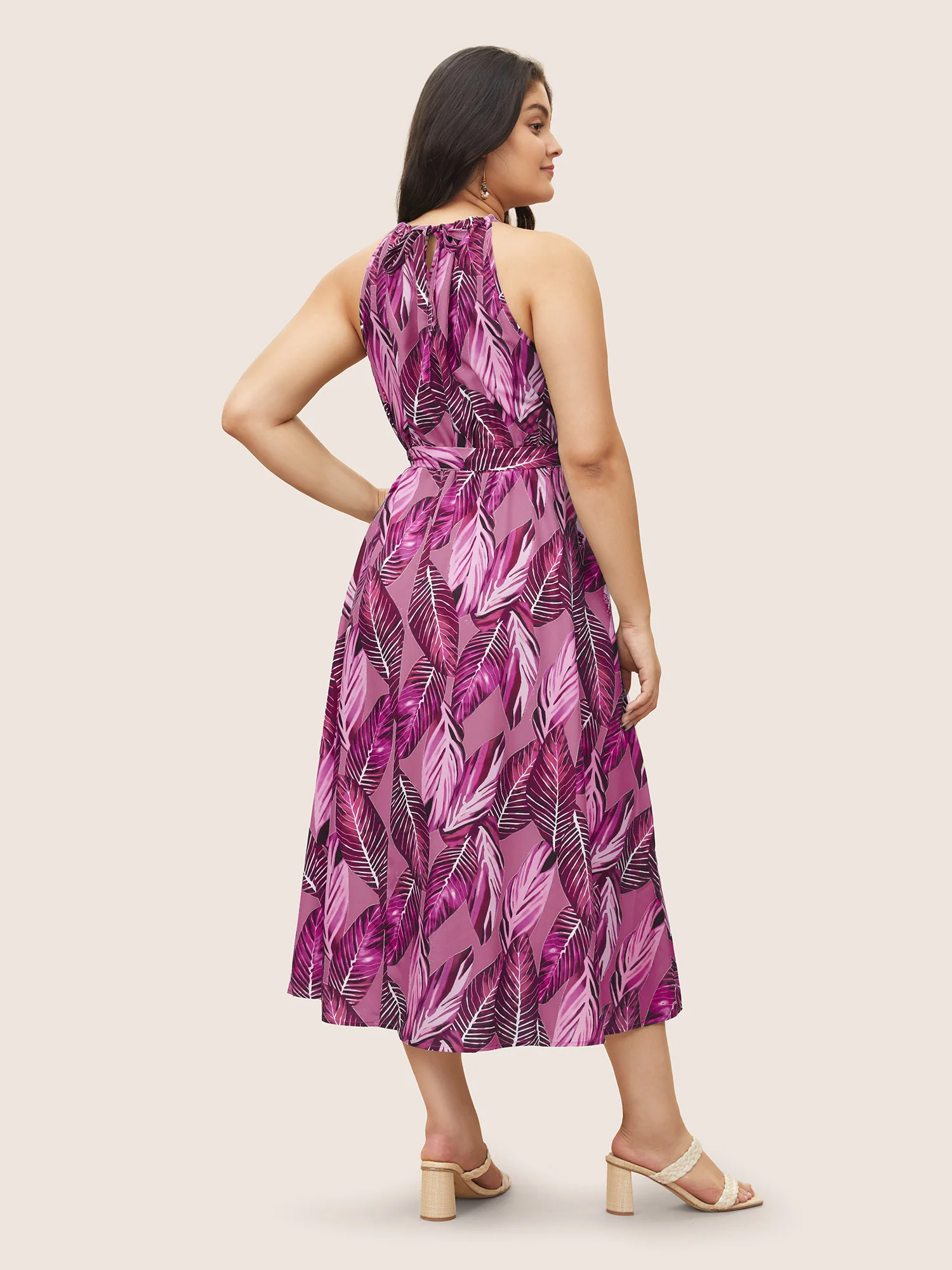Tropical Print Knotted Pocket Ruffles Belted Halter Dress - Image 4