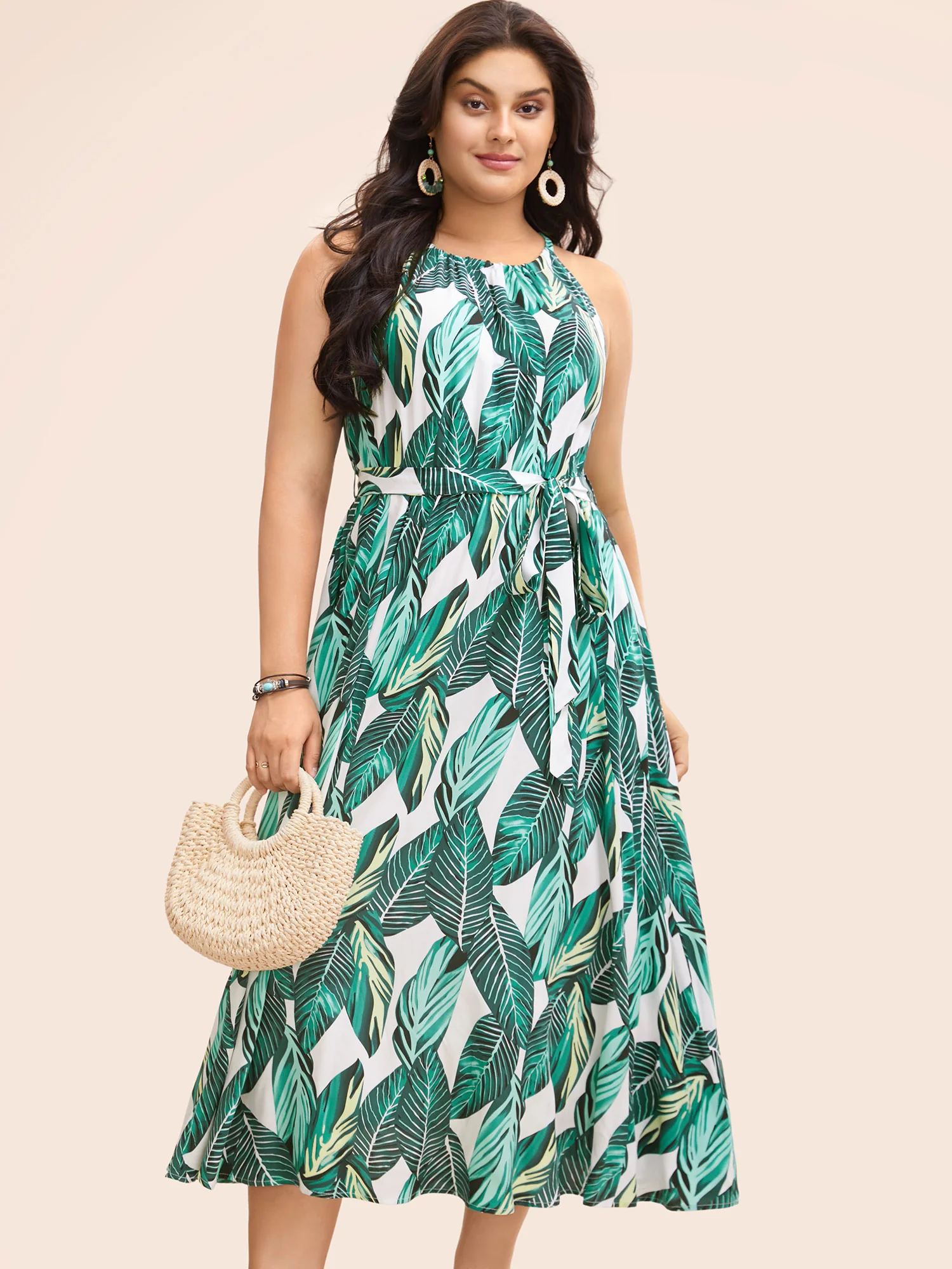 Tropical Print Knotted Pocket Ruffles Belted Halter Dress - Image 5