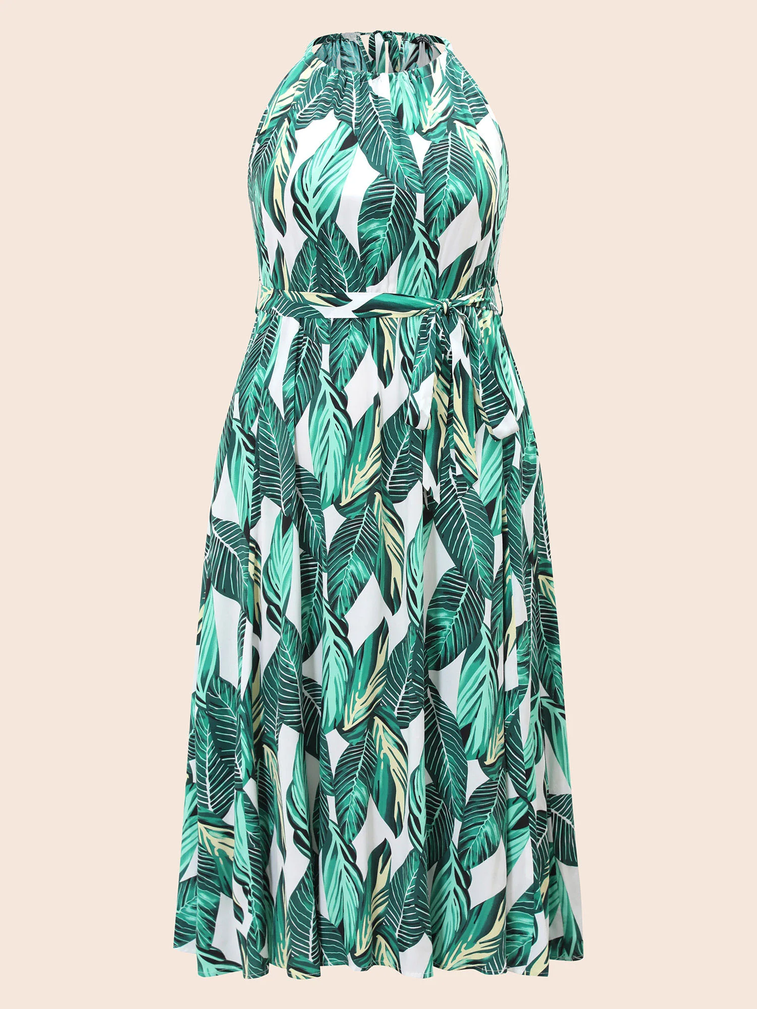Tropical Print Knotted Pocket Ruffles Belted Halter Dress - Image 9
