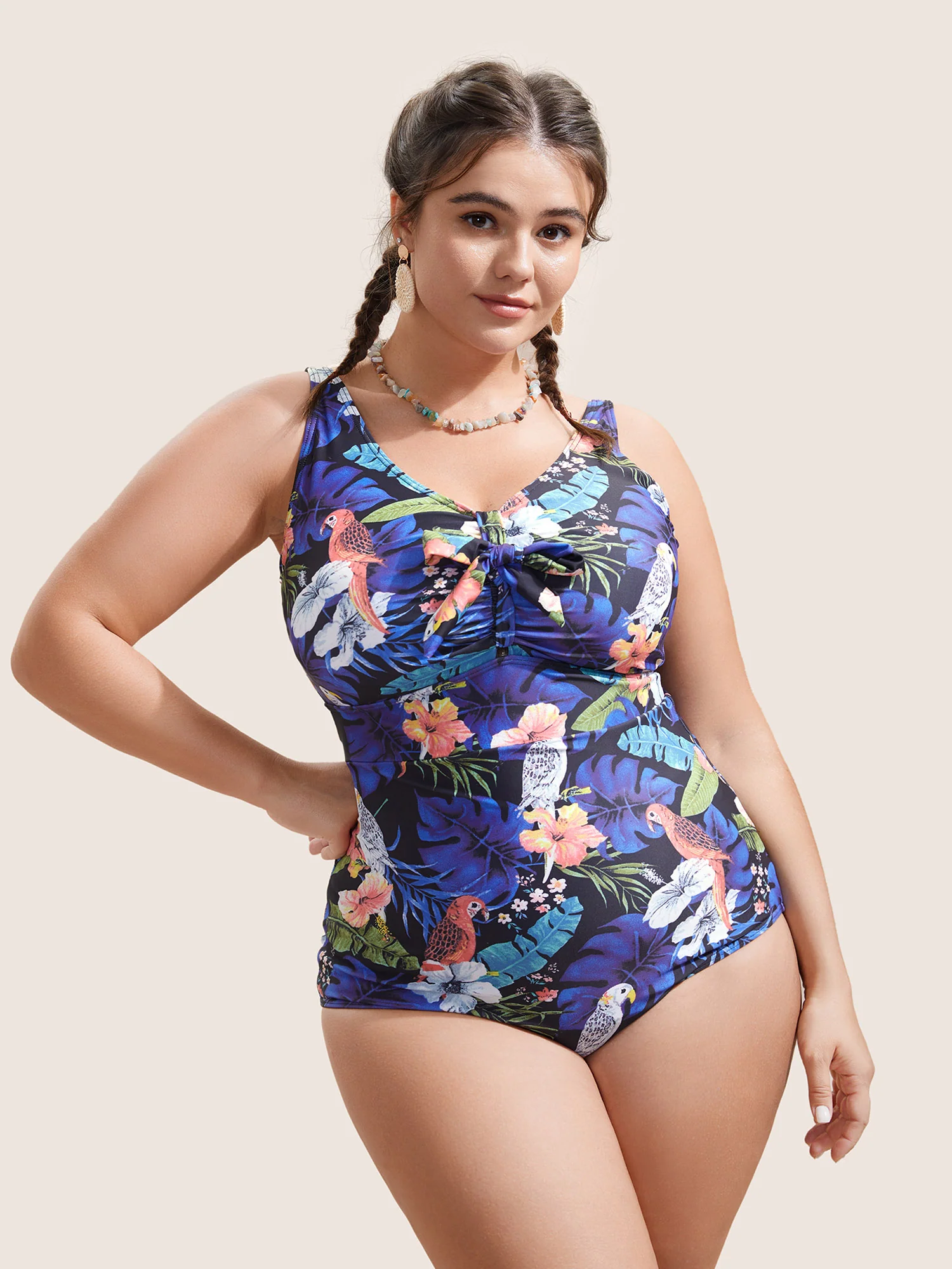 Tropical Print Knotted Tummy Control One Piece Swimsuit - Image 3