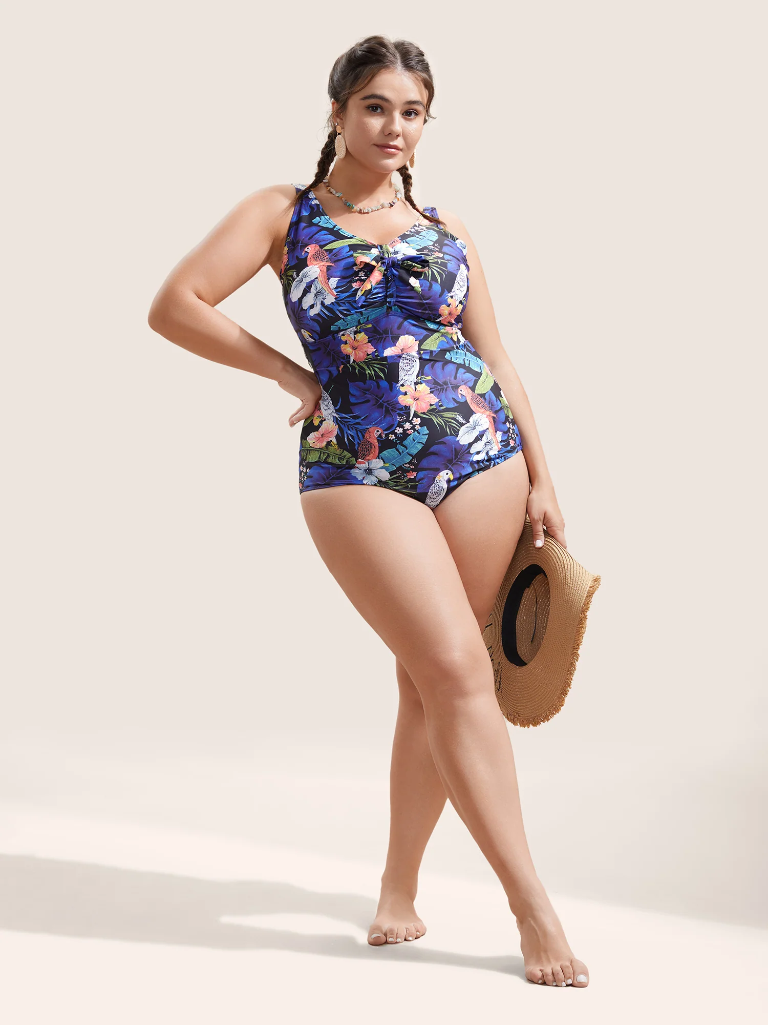 Tropical Print Knotted Tummy Control One Piece Swimsuit - Image 4