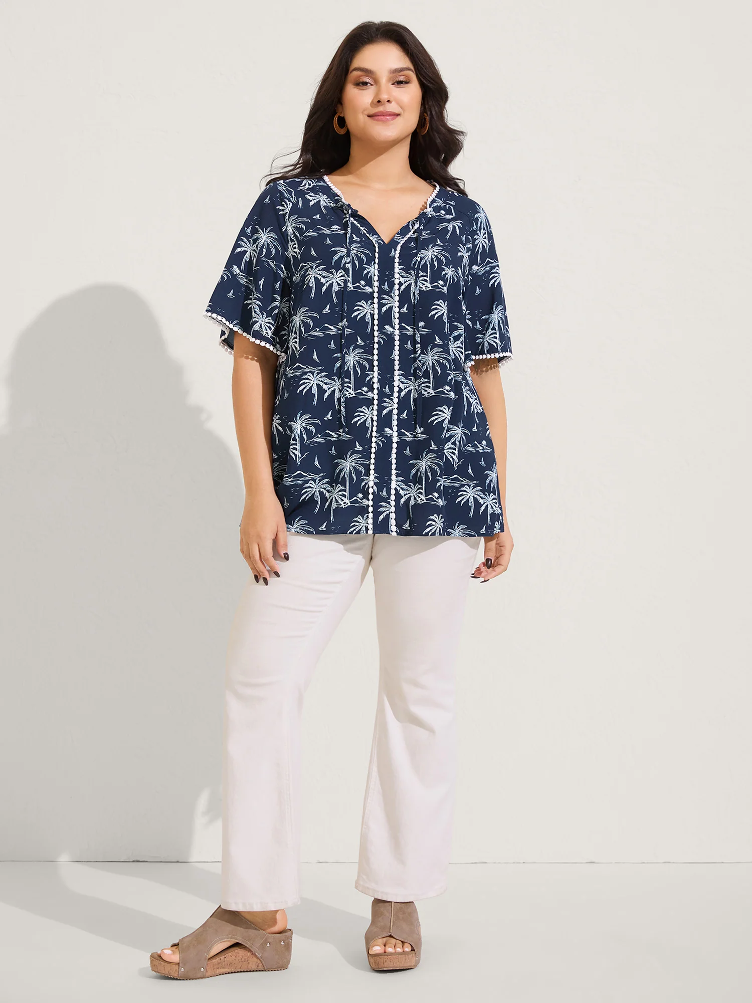Tropical Print Lace Trim Flowy Blouse - Image 3