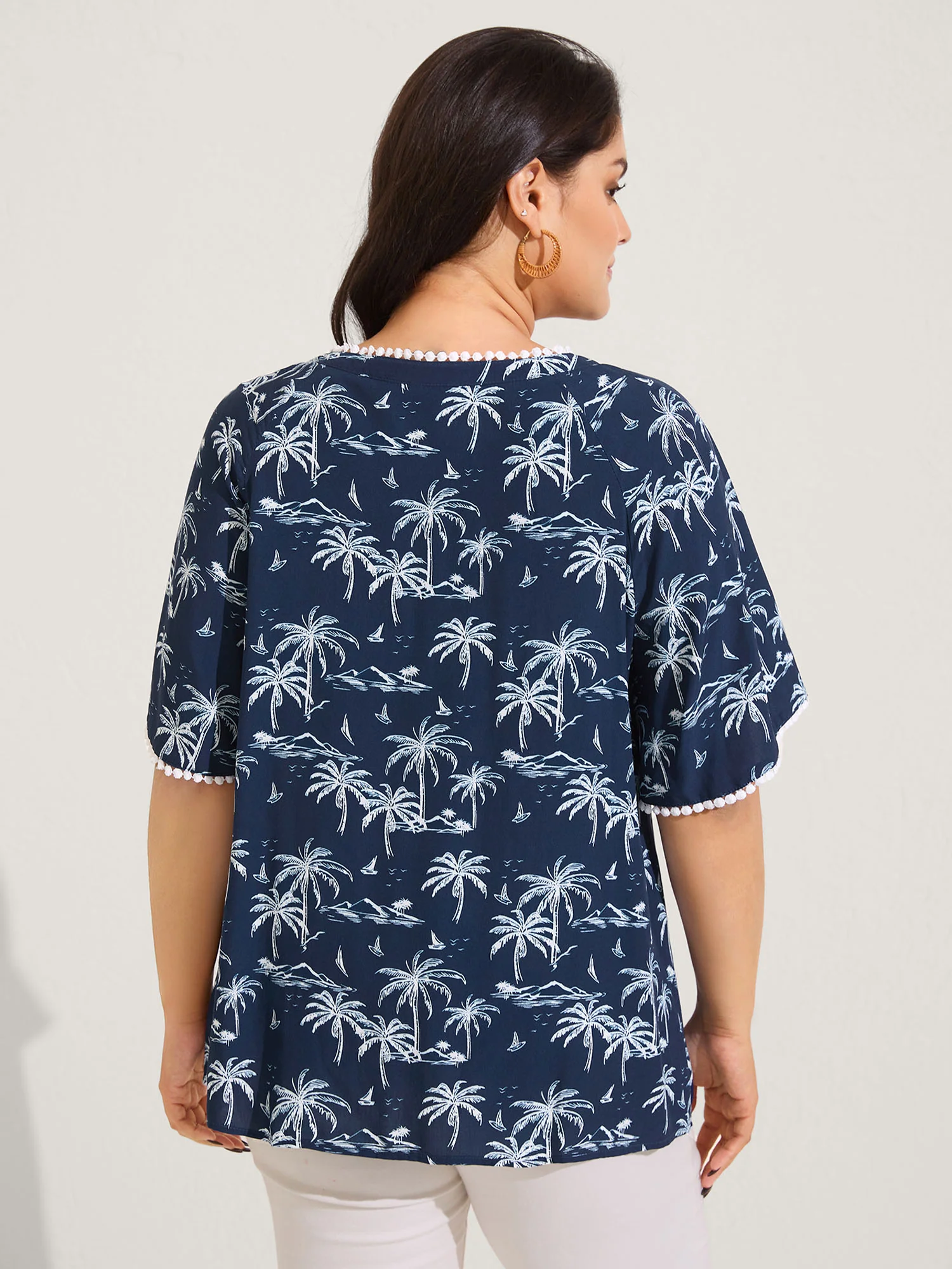 Tropical Print Lace Trim Flowy Blouse - Image 4