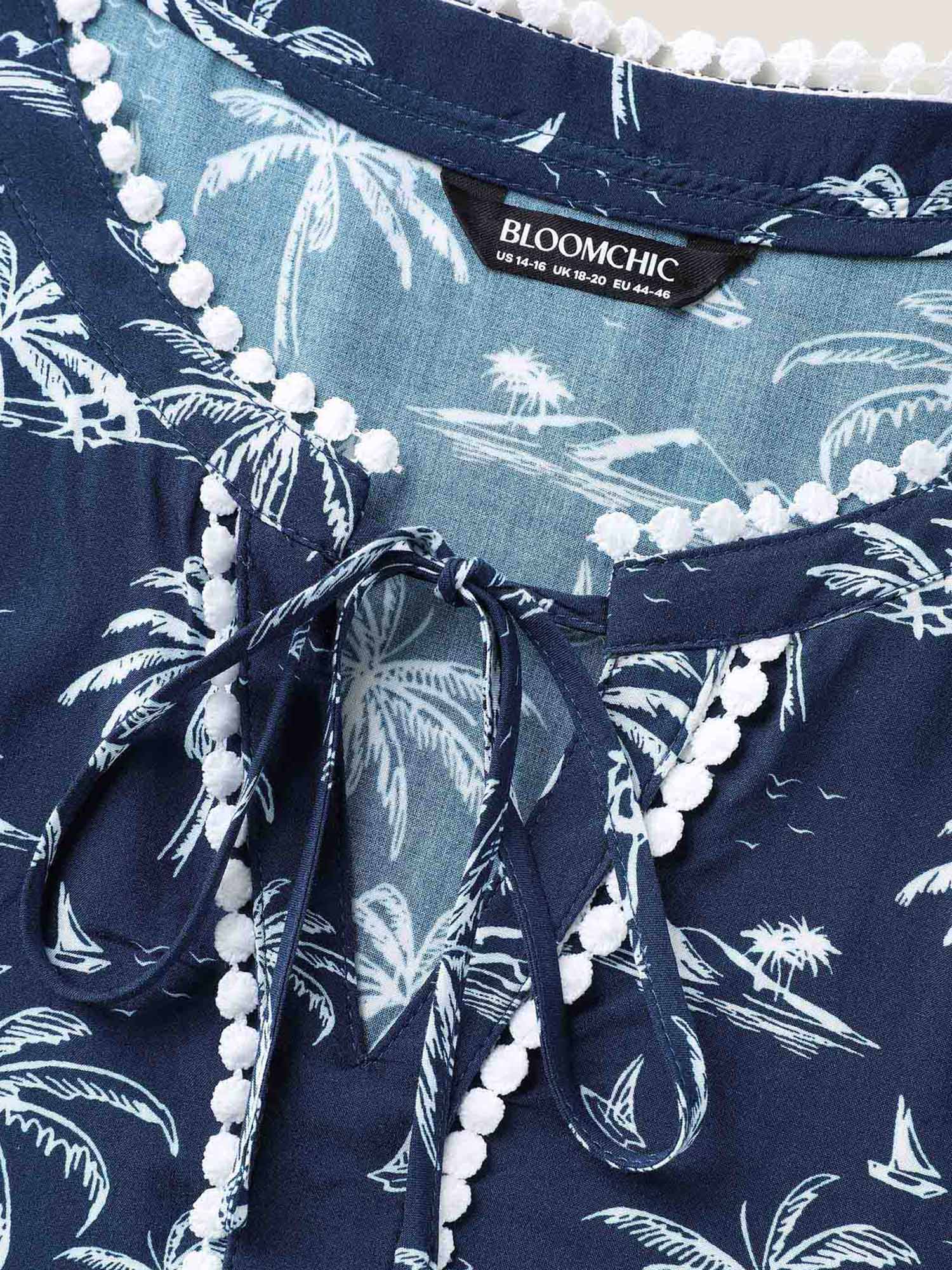 Tropical Print Lace Trim Flowy Blouse - Image 5