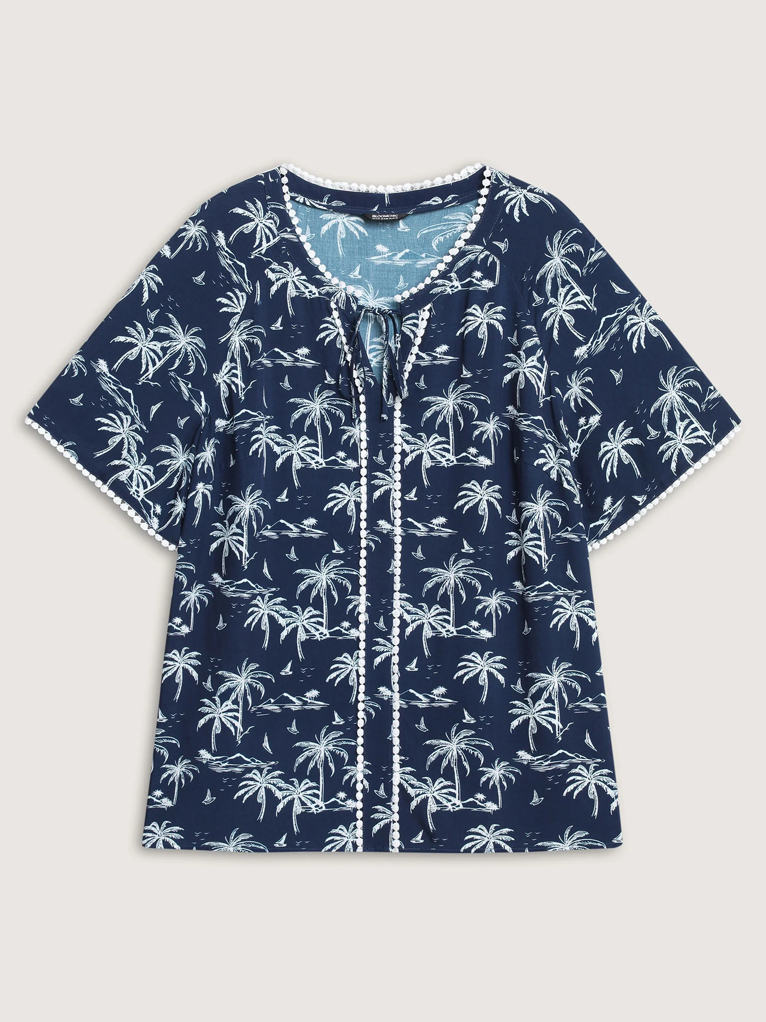 Tropical Print Lace Trim Flowy Blouse - Image 7